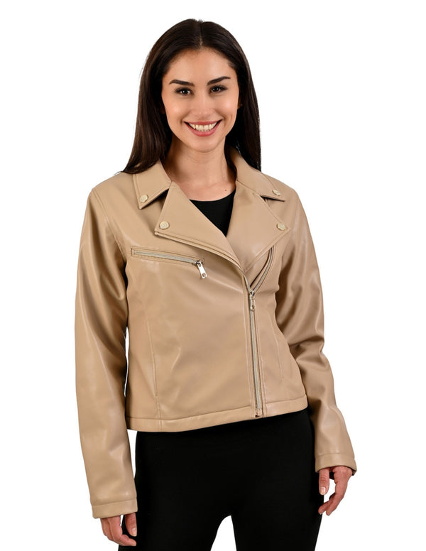 Chamarra de Dama Lee Beige Estilo Biker en Piel Sintética